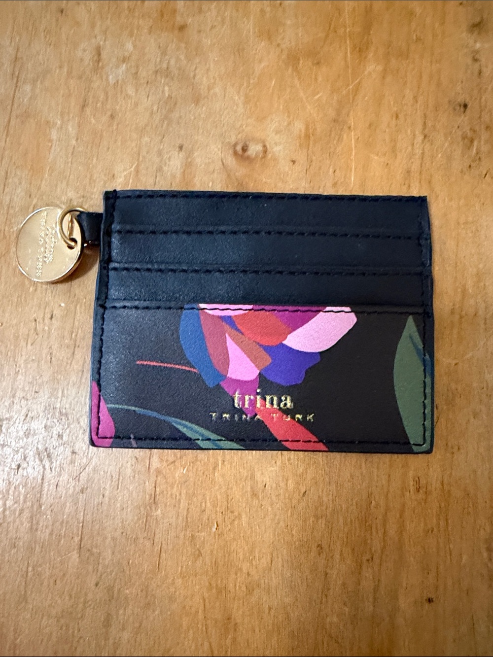 Trina Turk Black Floral Multi-Color Card Holder with Gold Charm